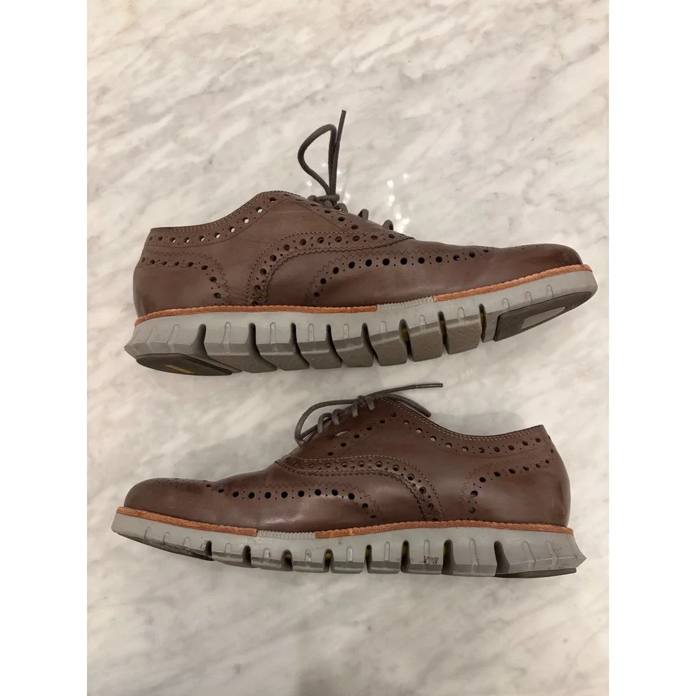 Cole Haan Zerogrand Wingtip Oxfords Brown Leather Brogue Gray Sole Men 9.5M Shoe
